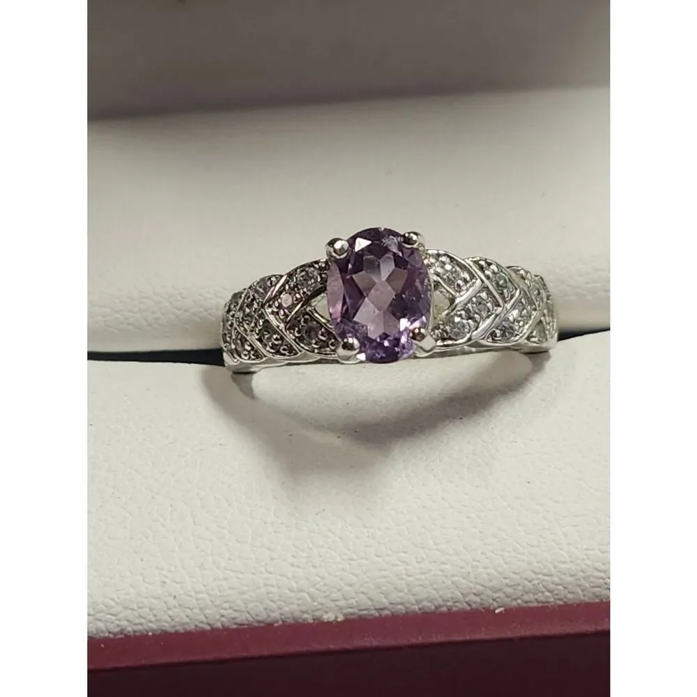 Silver Plated Amethyst Ring with Pavé Accents - Purple Size 6